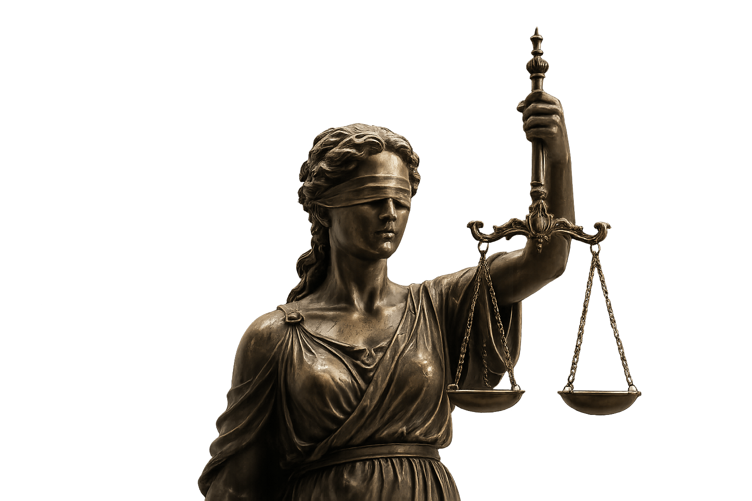 Bronze Lady Justice statue, waist-up, holding the scales of justice